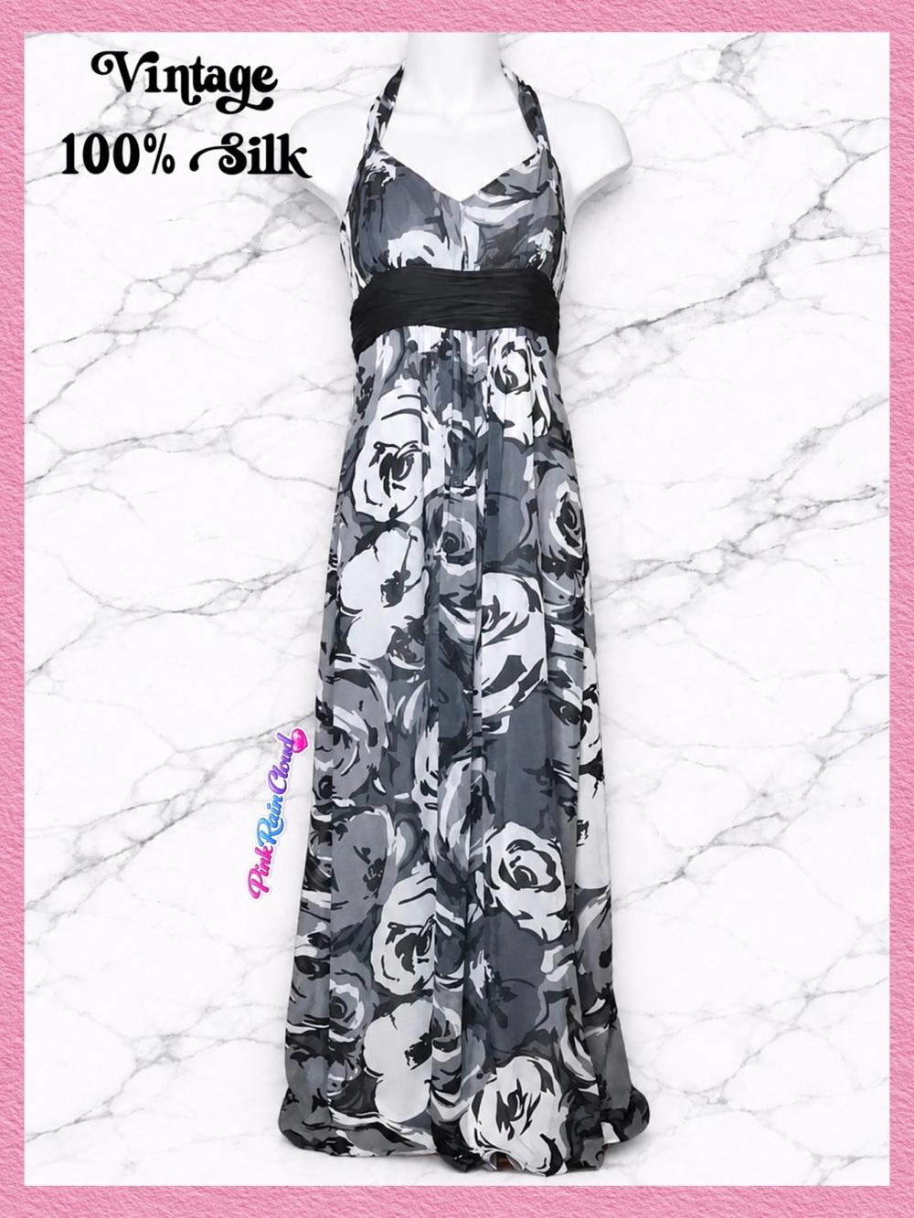 Ann Taylor 100% Silk Monochrome Y2K Floral Halter Maxi Dress